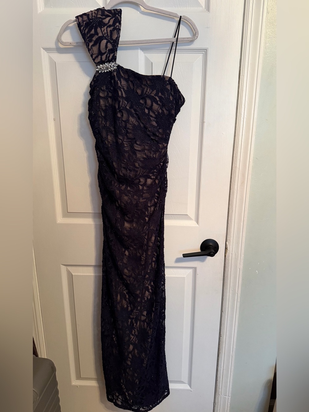 Night Way Collections Black Lace One-Shoulder Maxi Dress with Rhinestone Accent